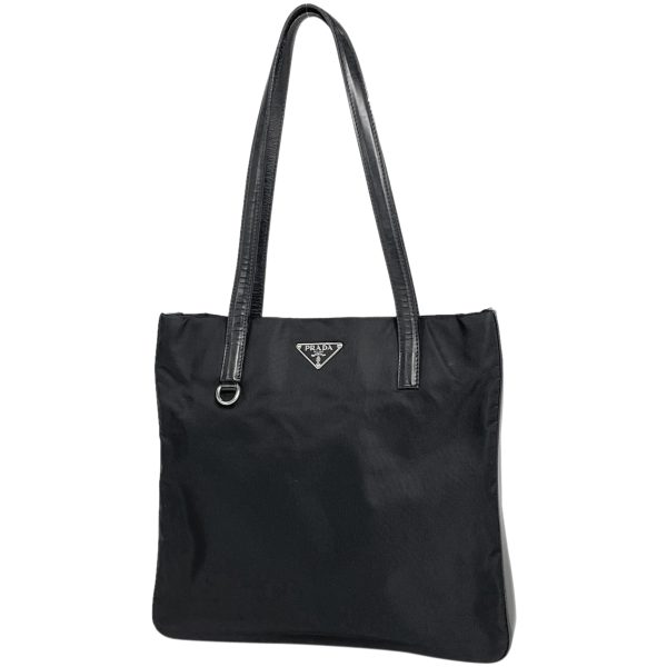 1000061825610 11 Prada Logo Plate Tote Bag Nylon Black