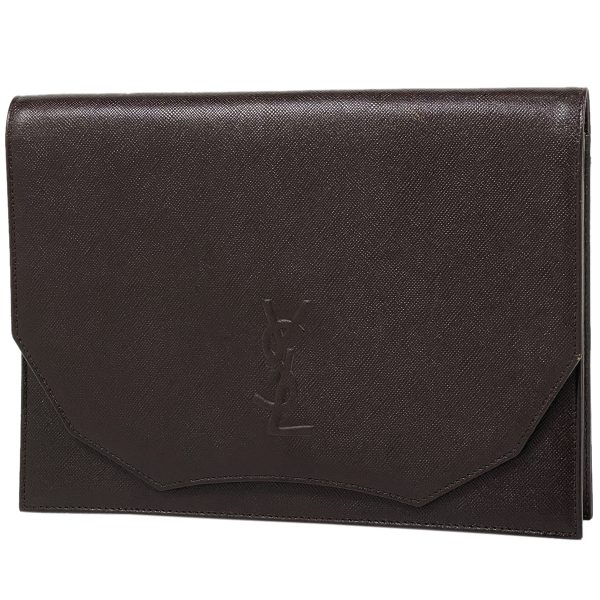 1000075176166 11 Yves Saint Laurent Logo Clutch Leather Bag Dark Brown