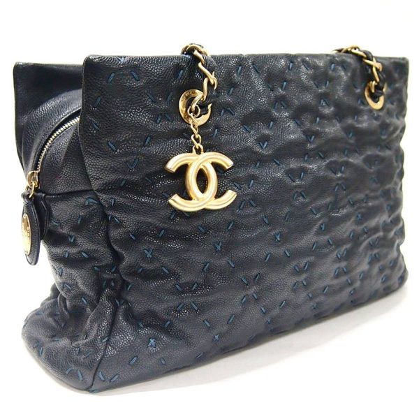 1200191928100116 2 Chanel Matelasse Double Chain Shoulder Bag Caviar Skin Navy Blue Gold