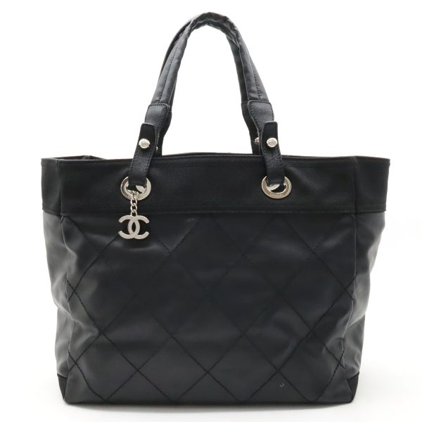 12330506 1 Chanel Paris Biarritz Tote MM Handbag Coated Canvas Black Silver