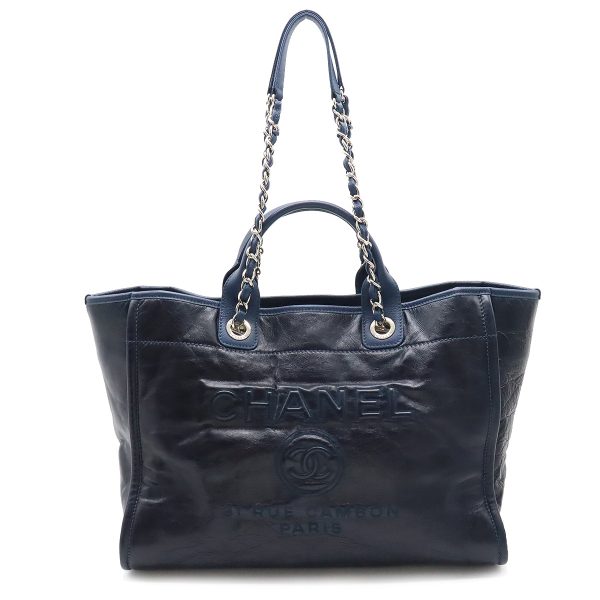 12360486 1 Chanel Deauville GM Logo Tote 2WAY Chain Shoulder Leather Navy Blue Silver