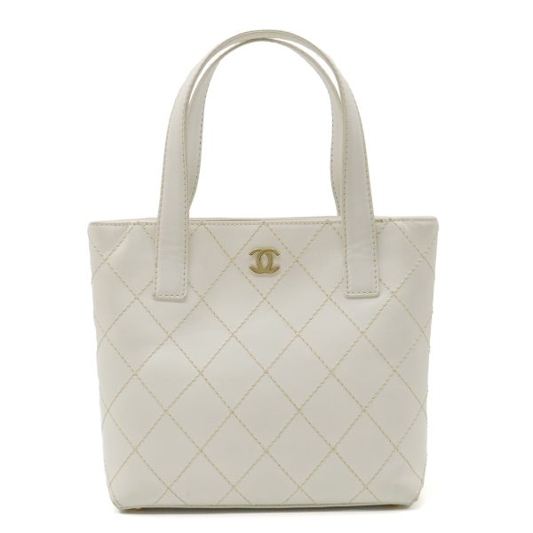 12361009 1 Chanel Wild Stitch Coco Mark Handbag Tote Leather White Gold