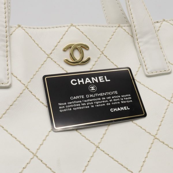 12361009 9 Chanel Wild Stitch Coco Mark Handbag Tote Leather White Gold