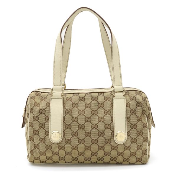 12361032 1 Gucci GG Canvas Handbag Shoulder Bag Khaki Beige Gold