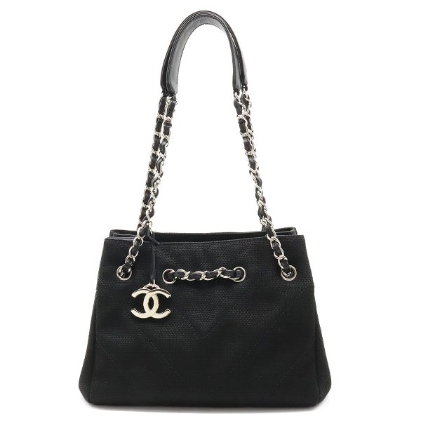 12370435 1 Chanel V Stitch Chevron Tote Bag Chain Shoulder Canvas Black Silver