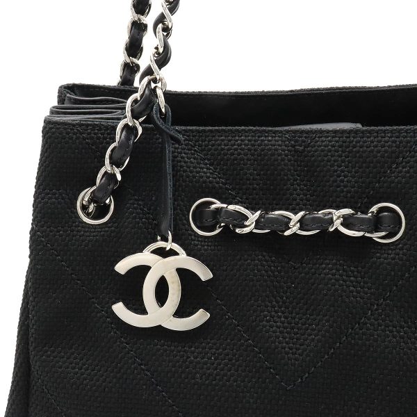 12370435 7 Chanel V Stitch Chevron Tote Bag Chain Shoulder Canvas Black Silver