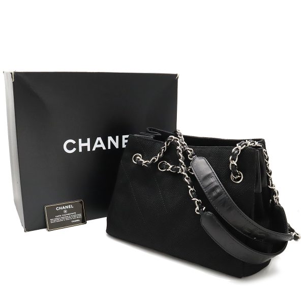 12370435 8 Chanel V Stitch Chevron Tote Bag Chain Shoulder Canvas Black Silver