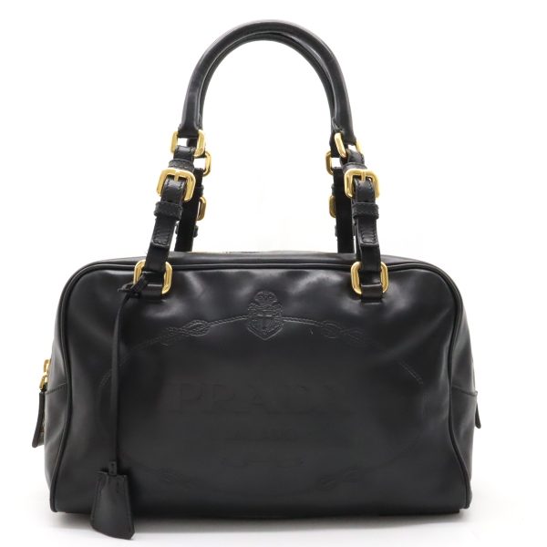 12370548 1 Prada Box Print Logo Mini Boston Handbag Leather Black Gold