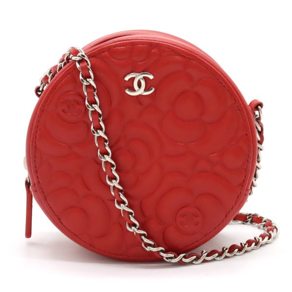 12390404 1 Chanel Camellia Round Mini Classic Chain Shoulder Pochette Red Silver