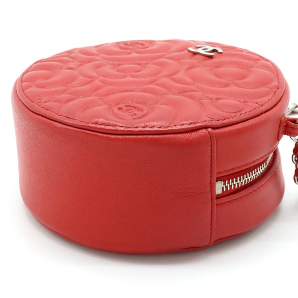 12390404 3 Chanel Camellia Round Mini Classic Chain Shoulder Pochette Red Silver