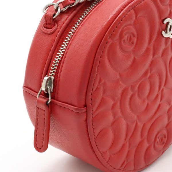 12390404 6 Chanel Camellia Round Mini Classic Chain Shoulder Pochette Red Silver