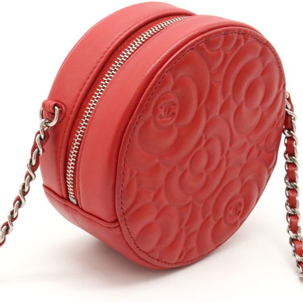 12390404 7 Chanel Camellia Round Mini Classic Chain Shoulder Pochette Red Silver