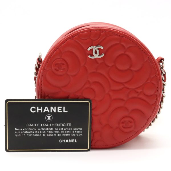 12390404 9 Chanel Camellia Round Mini Classic Chain Shoulder Pochette Red Silver