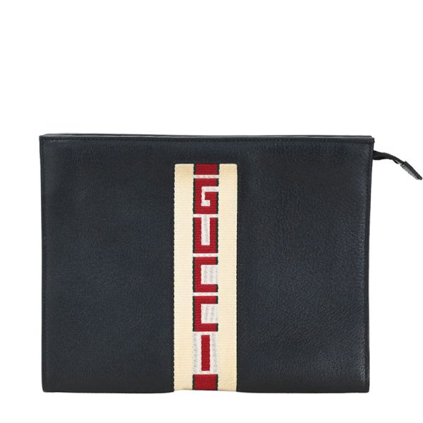 123e2133 01 01 Gucci Web Stripe Leather Pouch Clutch Bag Black