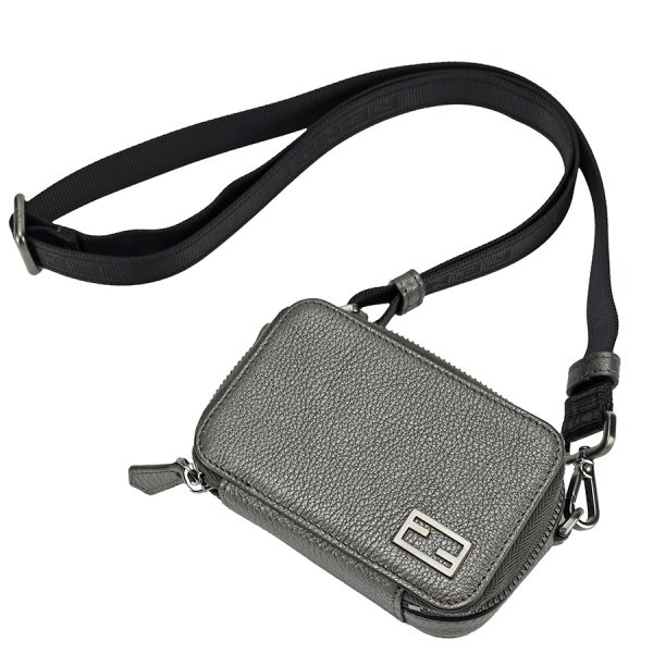 1240001023891 1 Fendi Mini Pochette Ff Logo Leather Shoulder Bag Gray