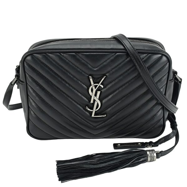 1240001025045 1 Saint Laurent Paris Chevron Fringe Leather Camera Shoulder Bag Black