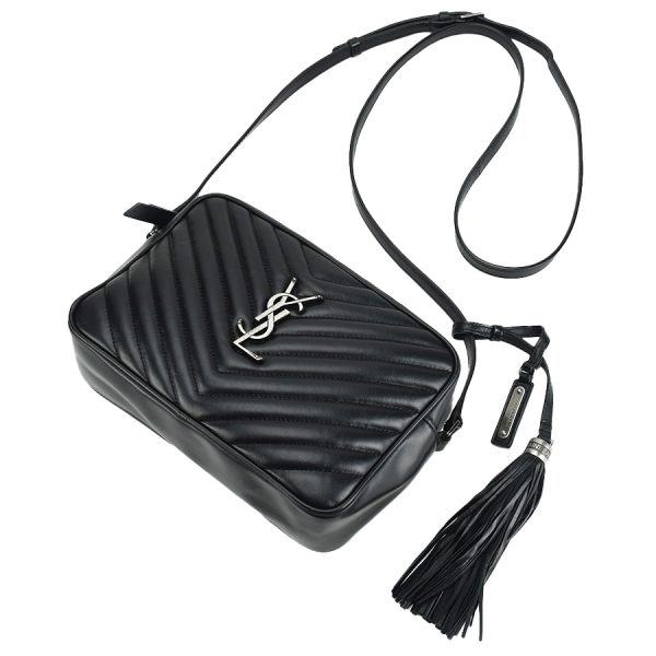 1240001025045 4 Saint Laurent Paris Chevron Fringe Leather Camera Shoulder Bag Black