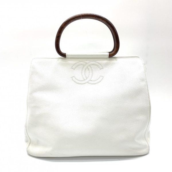 1240001026279 1 Chanel Wood Handle Tote Bag Caviar Skin White