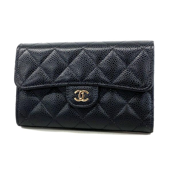 1240001031644 1 Chanel Tri fold Wallet Matelasse Caviar Skin Black