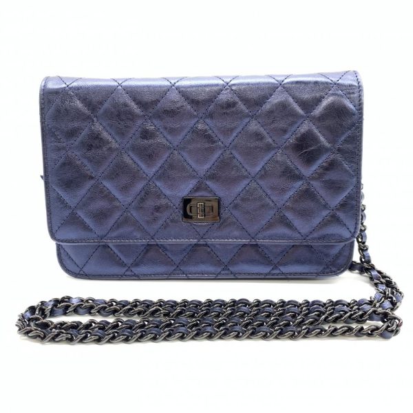 1240001032310 1 Chanel 255 Chain Wallet Matelasse Leather Metallic Blue