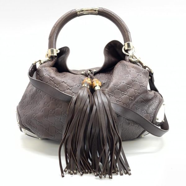 1240001033708 1 Gucci Guccisima Bamboo One Shoulder 2Way Handbag Brown Leather Fringe