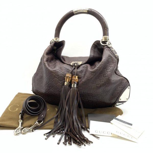 1240001033708 10 Gucci Guccisima Bamboo One Shoulder 2Way Handbag Brown Leather Fringe