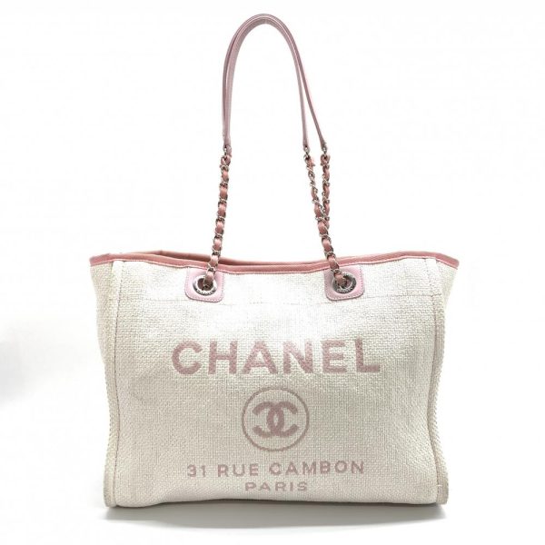 1240001035526 1 Chanel Deauville MM Chain Tote Bag Cotton Canvas Pink White