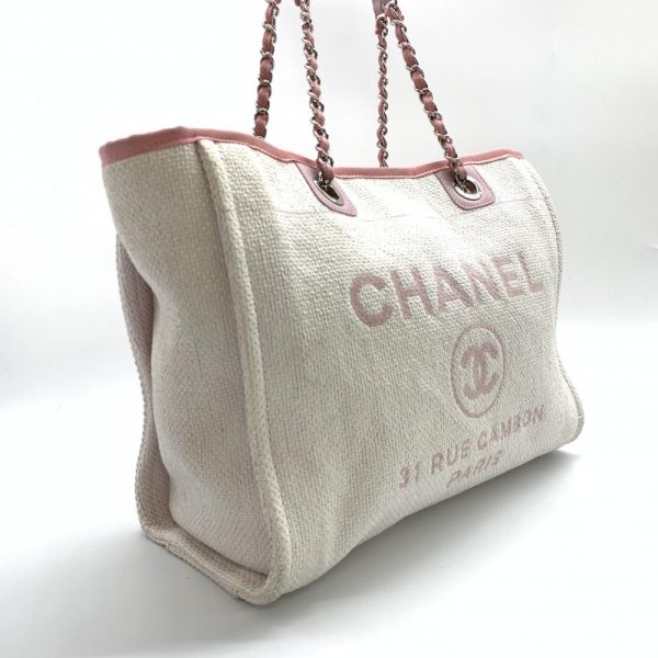 1240001035526 2 Chanel Deauville MM Chain Tote Bag Cotton Canvas Pink White