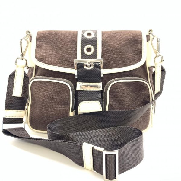 1240001035630 1 Prada Messenger Bag Shoulder Canvas Leather Brown White