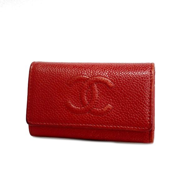 1240001037223 1 Chanel Key Case Caviar Skin Red Silver Hardware