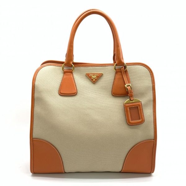 1240001037440 1 Prada Tote Bag 2Way Shoulder Canvas Saffiano Leather Beige Orange