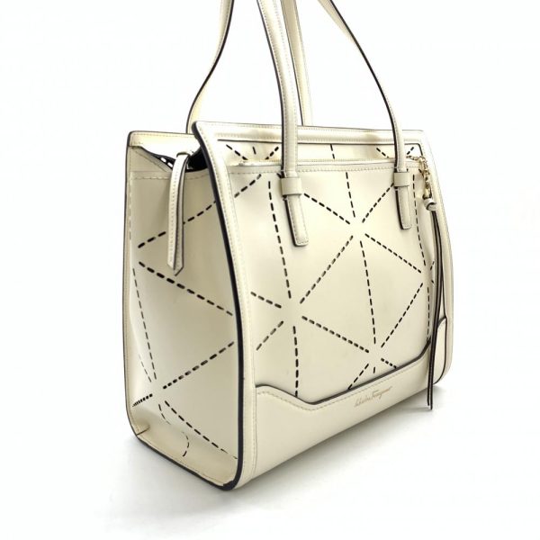 1240001037989 2 Salvatore Ferragamo Tote Bag Punching Leather Calf White Ivory