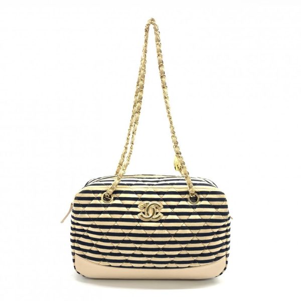 1240001038031 1 Chanel Cotton Marine Border Chain Shoulder Bag Beige Navy