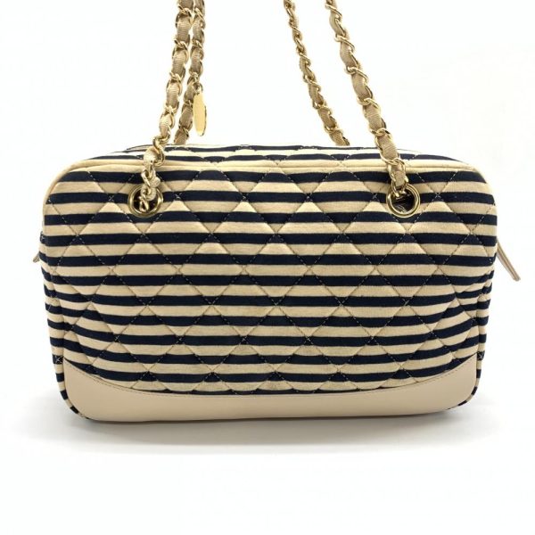 1240001038031 4 Chanel Cotton Marine Border Chain Shoulder Bag Beige Navy