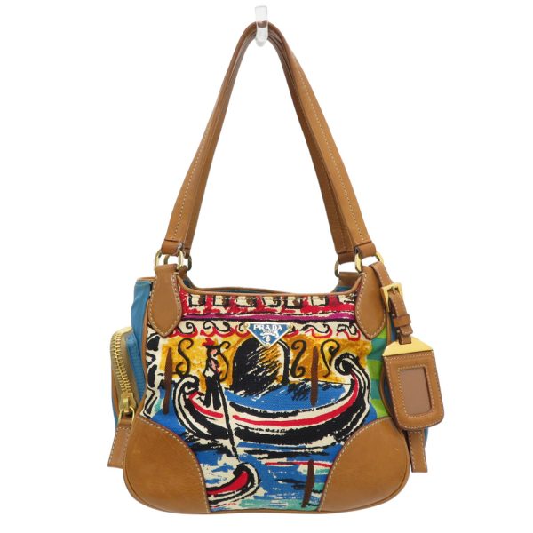 1240101180649 1 Prada Canapa Canvas Handbag All Over Pattern Brown