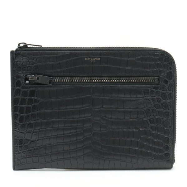 12411164 1 Yves Saint Laurent Clutch Bag L Shaped Zipper Crocodile Embossed Leather Black