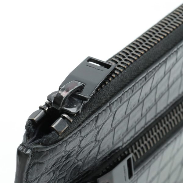 12411164 4 Yves Saint Laurent Clutch Bag L Shaped Zipper Crocodile Embossed Leather Black