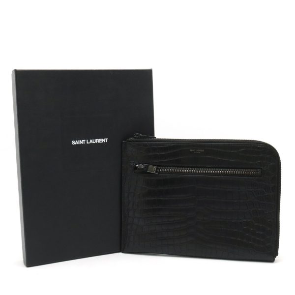 12411164 9 Yves Saint Laurent Clutch Bag L Shaped Zipper Crocodile Embossed Leather Black