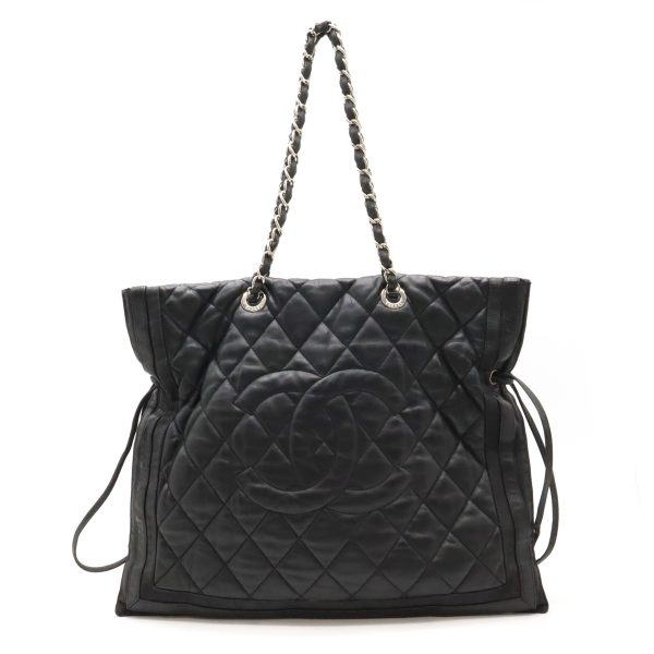 12430495 1 Chanel Super Model Bicolore Matelasse Coco Mark Chain Shoulder Tote Leather Black Gold