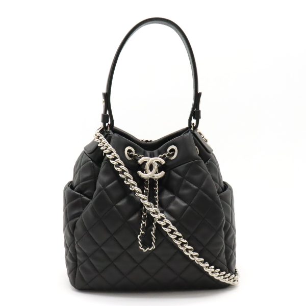 12430650 1 Chanel Matelasse Coco Handbag 2Way Chain Drawstring Leather Black Silver