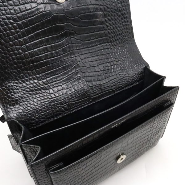 12440117 5 Saint Laurent Sunset Large Shoulder Bag Croco Embossed Black