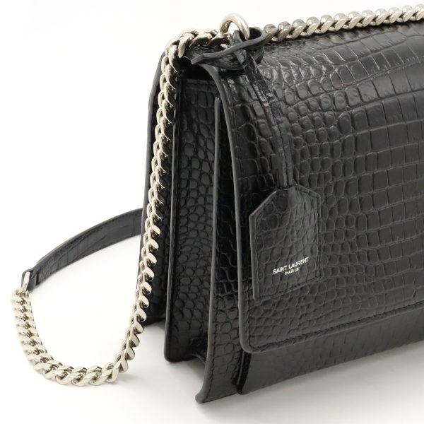 12440117 7 Saint Laurent Sunset Large Shoulder Bag Croco Embossed Black