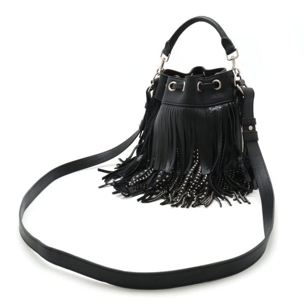 12440279 2 Saint Laurent Emmanuel Handbag 2Way Shoulder Drawstring Fringe Black