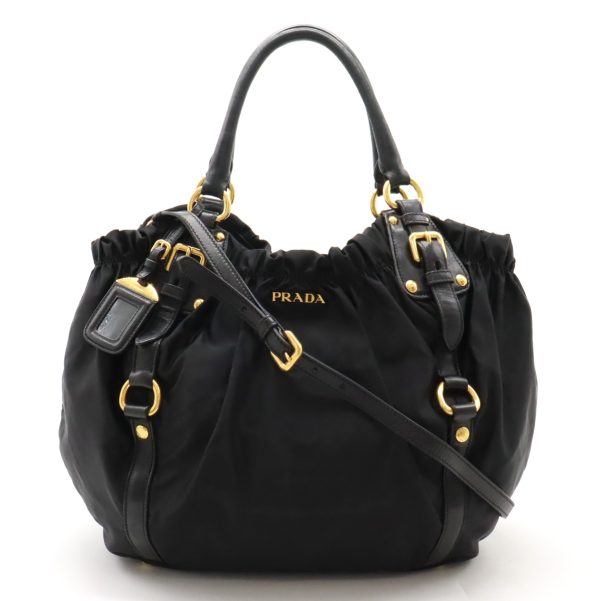 12440334 1 Prada Logo Jacquard 2 Way Tote Bag Nylon Leather Nero Black