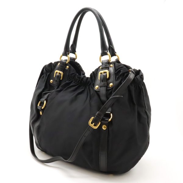 12440334 2 Prada Logo Jacquard Tote Bag 2 Way Shoulder Nylon Leather Black Gold