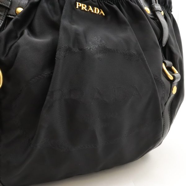 12440334 9 Prada Logo Jacquard 2 Way Tote Bag Nylon Leather Nero Black