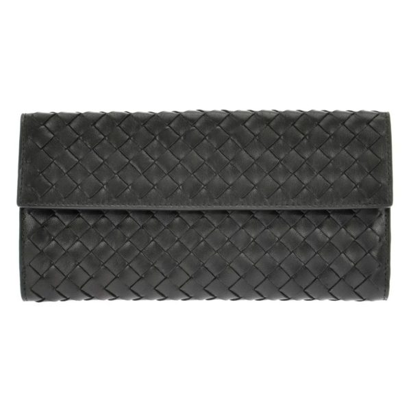 134075 1000 7 Bottega Veneta W Hook Long Wallet Intrecciato Lambskin Leather Black Gunmetal