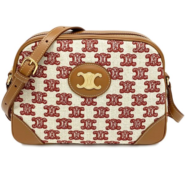 194332cs8 Celine Camera Bag Triomphe Embroidery Calfskin Fox Red