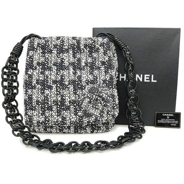 200003864019 2 Chanel Camellia Leather Chain Shoulder Bag Tweed Black