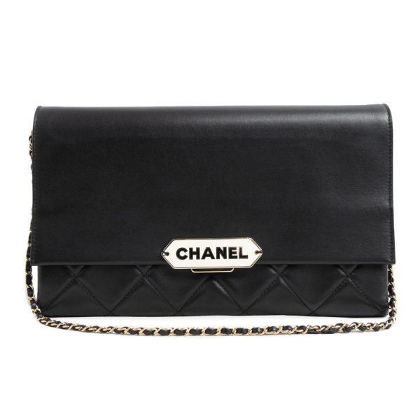 200006266019 Chanel Logo Plate Matelasse Chain Shoulder Bag Lambskin Black